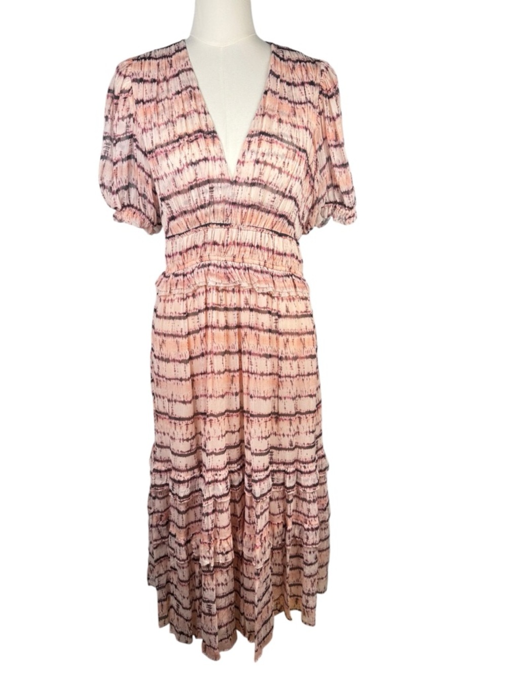 Ulla Johnson Elodie Silk Dress Blush Tie Dye Midi Puff Sleeve Size 8 - Picture 2 of 10